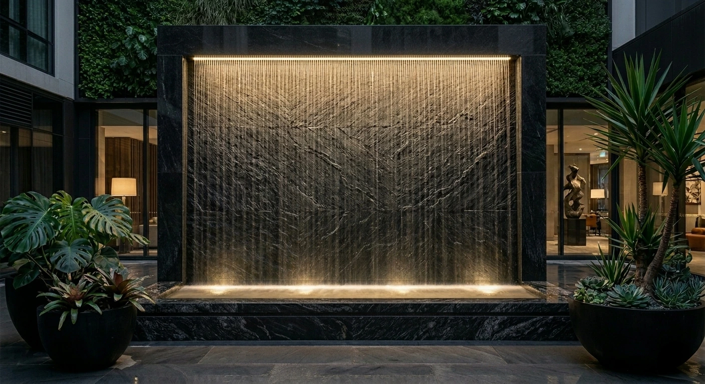 Garden curtain waterfall construction Delhi NCR farmhouse